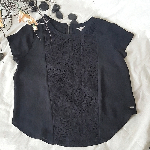 Guess🎑Black Chiffon Lace Short Sleeve Top - Picture 2 of 4